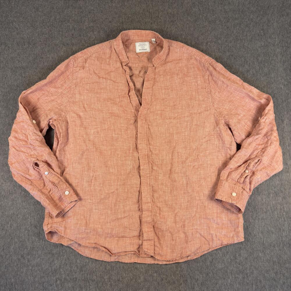 Baird McNutt Linen Shirt Mens XL Pink Murano Solid Long Sleeve Band Collar